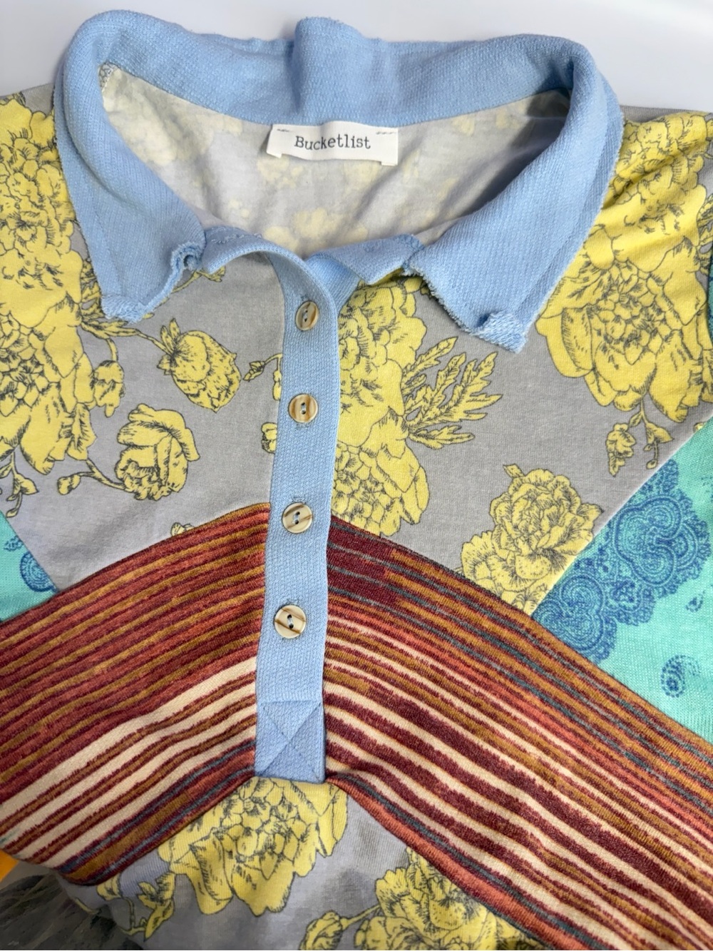 Bucketlist Floral Patchwork Henley Top Blue Yellow Boho Made in USA Size Small - Picture 6 of 9